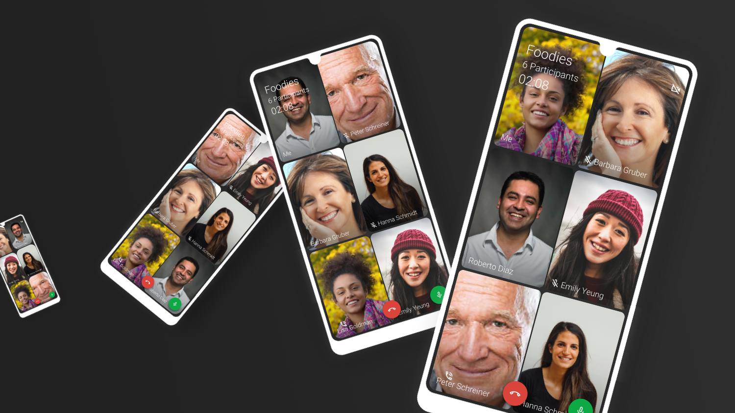 Three angled smartphone screens on dark background showing a six-participant group video call interface labeled 'Foodies'.
